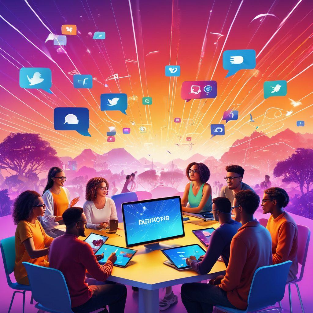 A vibrant scene depicting a diverse group of people gathered around various digital devices, sharing and discussing content in an energetic atmosphere. Include visual elements symbolizing social media platforms, sharing arrows, and engagement metrics floating in the air. The background features a stylized digital landscape with interconnected lines representing the blogosphere. Bright colors and dynamic compositions enhancing the sense of interaction. super-realistic. vibrant colors. 3D.