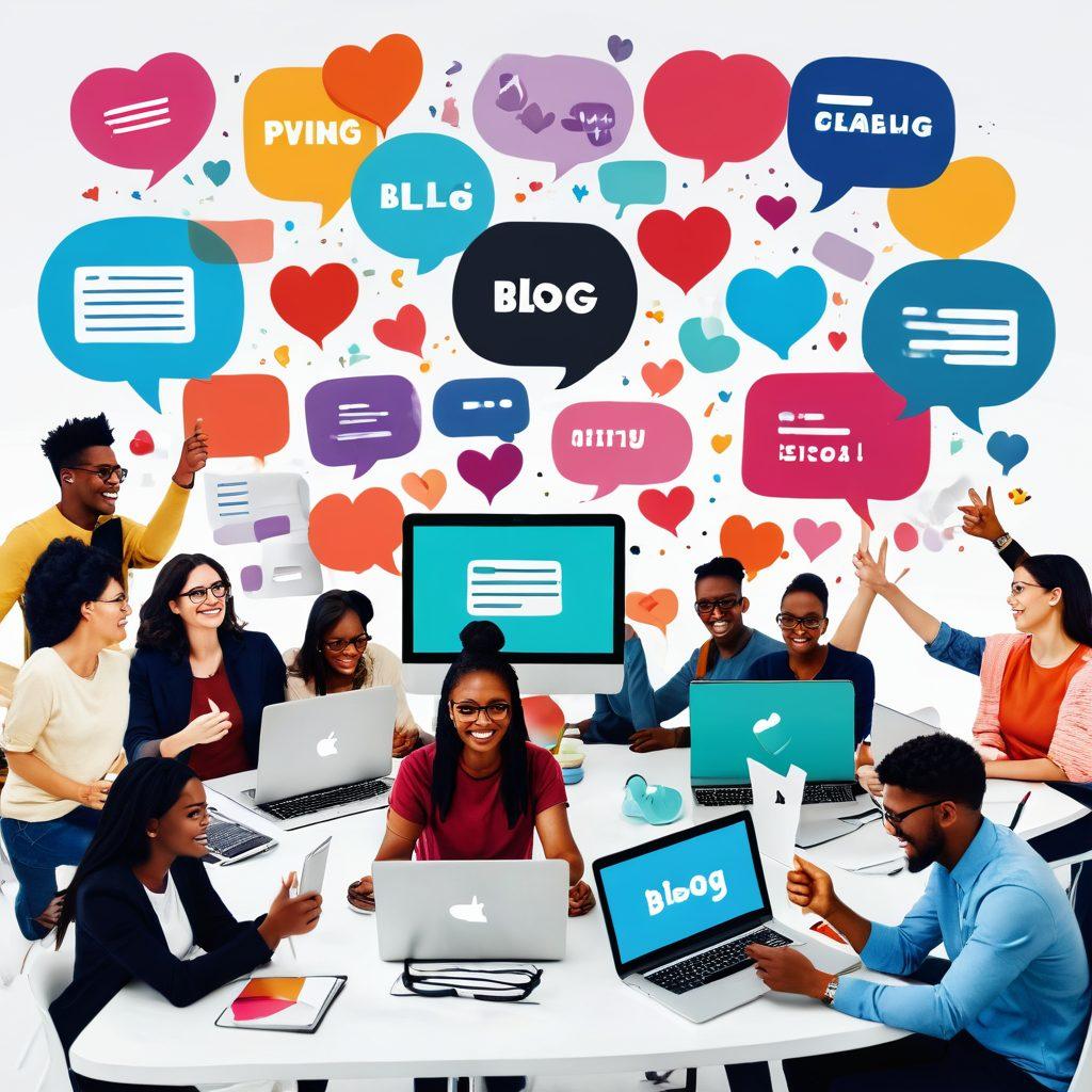 A dynamic scene featuring a diverse group of people involved in an interactive blogging workshop, surrounded by laptops and digital screens showing vibrant blog designs. Include elements symbolizing engagement, such as speech bubbles, hearts, and thumbs up icons floating around. The atmosphere should be lively and inspiring, with a bright color palette to evoke creativity. super-realistic. vibrant colors. white background.