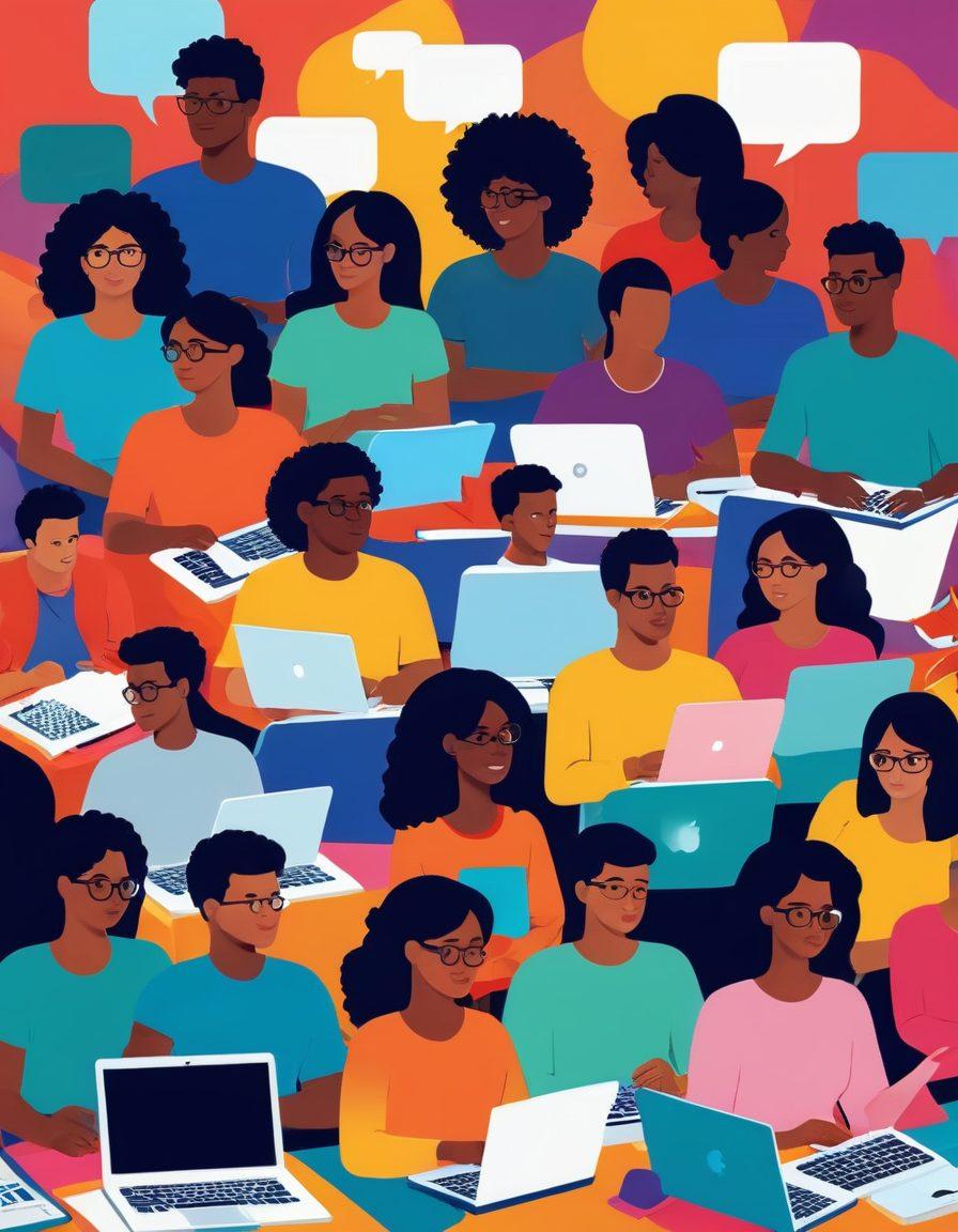 A vibrant digital community scene showcasing diverse individuals engaged in sharing knowledge and media. Include elements like laptops, books, and social media icons, with speech bubbles symbolizing discussion. The background should be bright and inviting, with a blend of modern and cozy aesthetics. Illustrate a sense of connectivity and collaboration among the characters. colorful illustration. vibrant colors.
